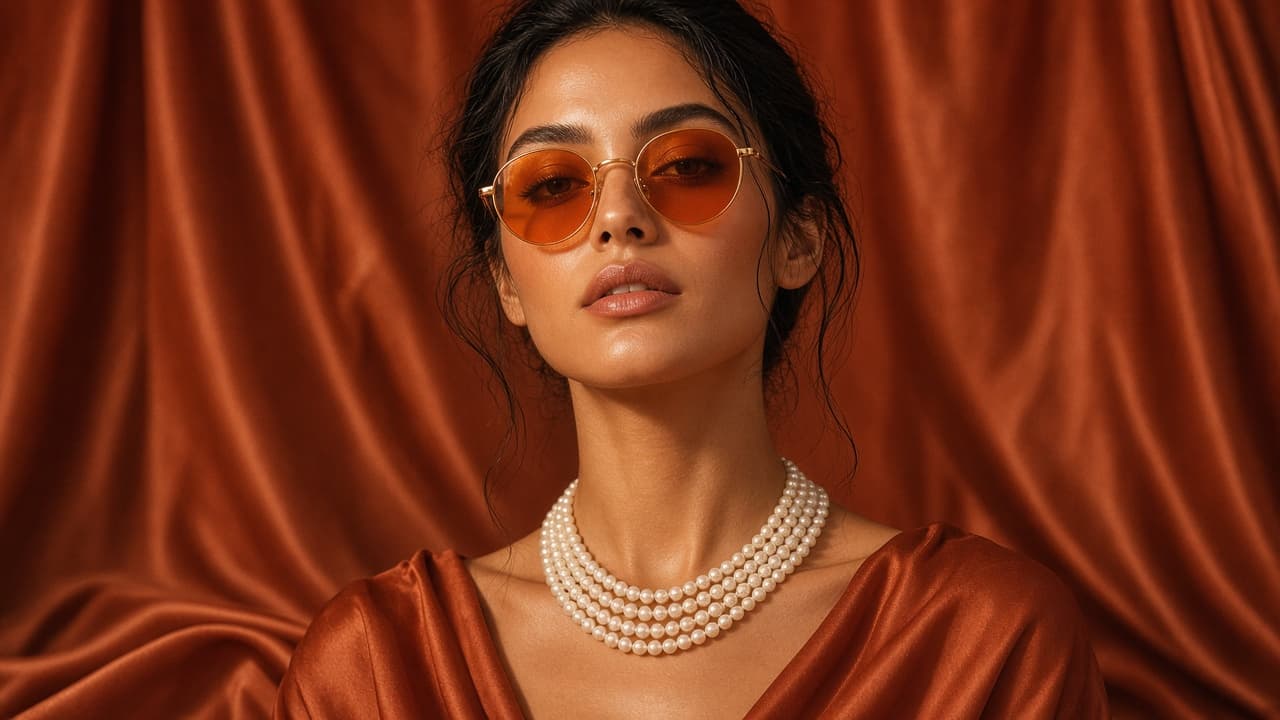 Portrait portant des perles et des lunettes ambrées, devant une soie terracotta